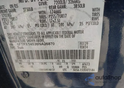 2006 Ford F-150 Fx4/Lariat/Xl/Xlt из США, поврежденный, VIN 1FTPX14536NA26870